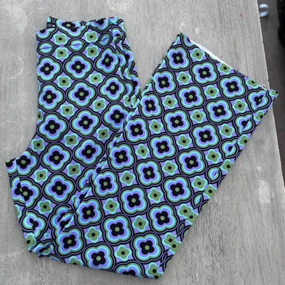 Zara Retro Floral Geometric High Waisted Leggings Purple Green Blue Small